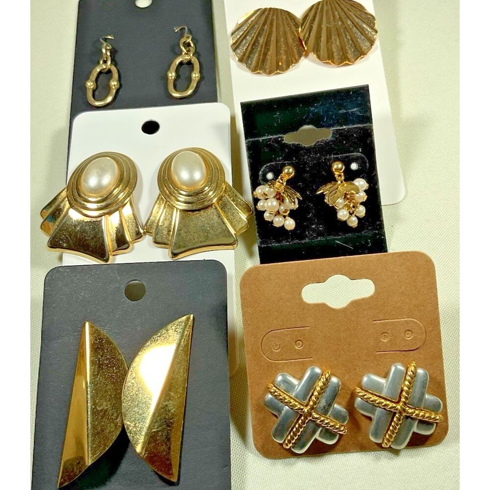 Lot 6 Pairs Pierced Earrings Gold Tone Faux Pearls Classic Boho Chic Statement